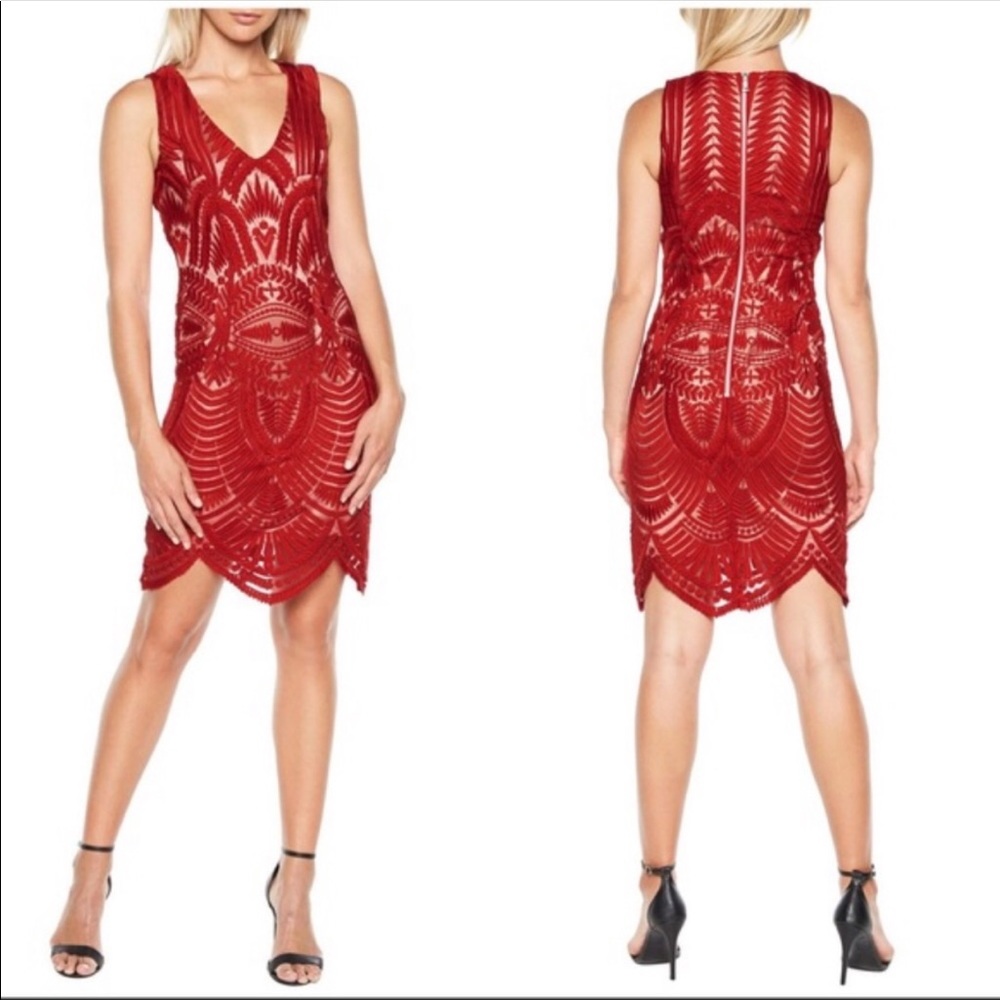 Bardot embroidered lace red dress